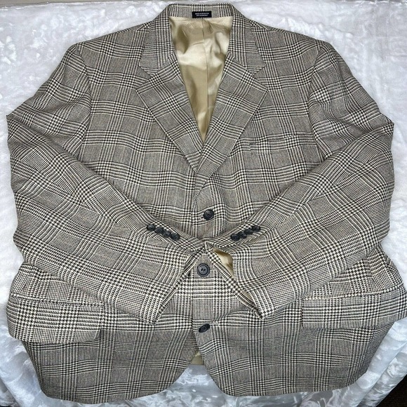 Casual Options Blue Houndstooth Plaid Silk Wool Blend Single Breasted Blazer - Picture 3 of 9